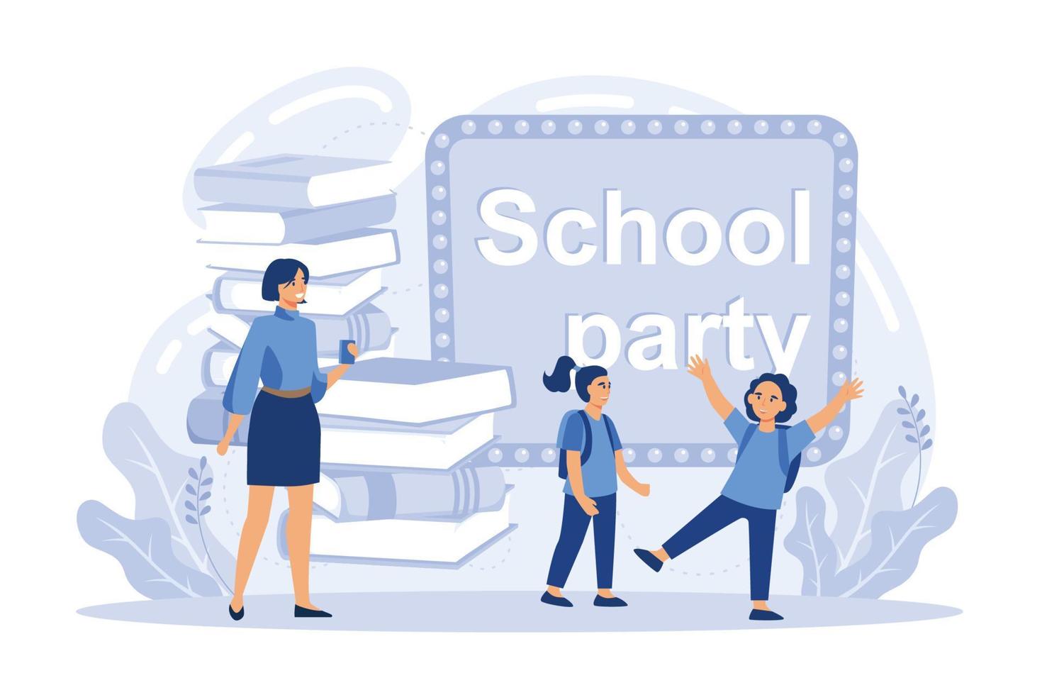 School year School supplies, after school activities, celebration party, kids stationery, debate team, student newspaper, backpack flat vector modern illustration