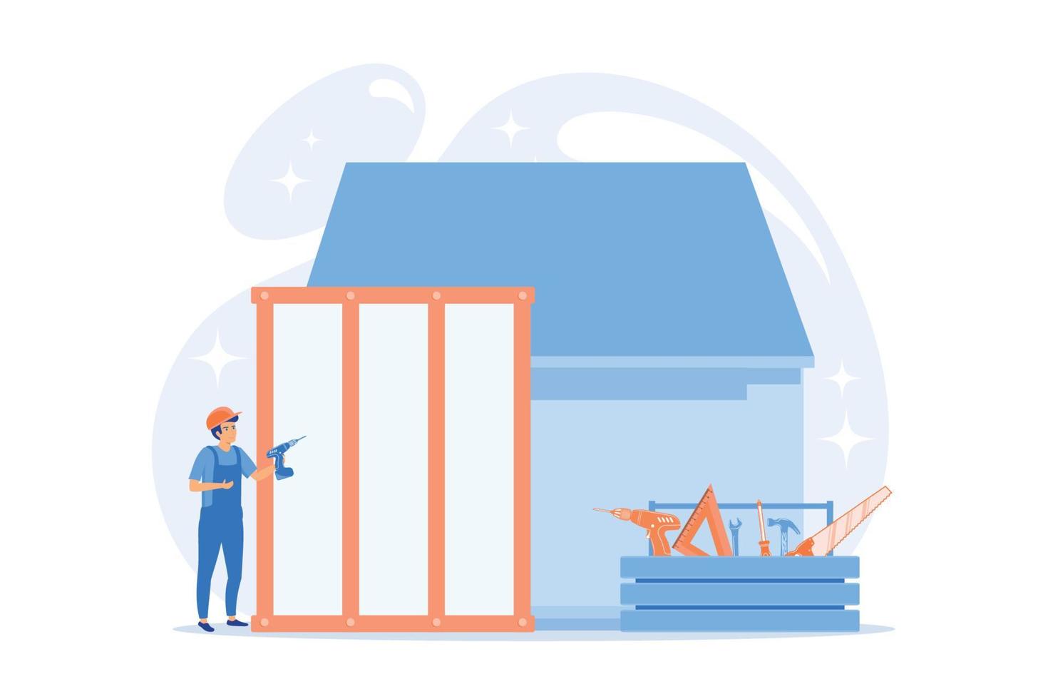 Building construction site. Handyman working. Carpenter services, building maintenance and home renovation, get local carpenters concept. flat vector modern illustration