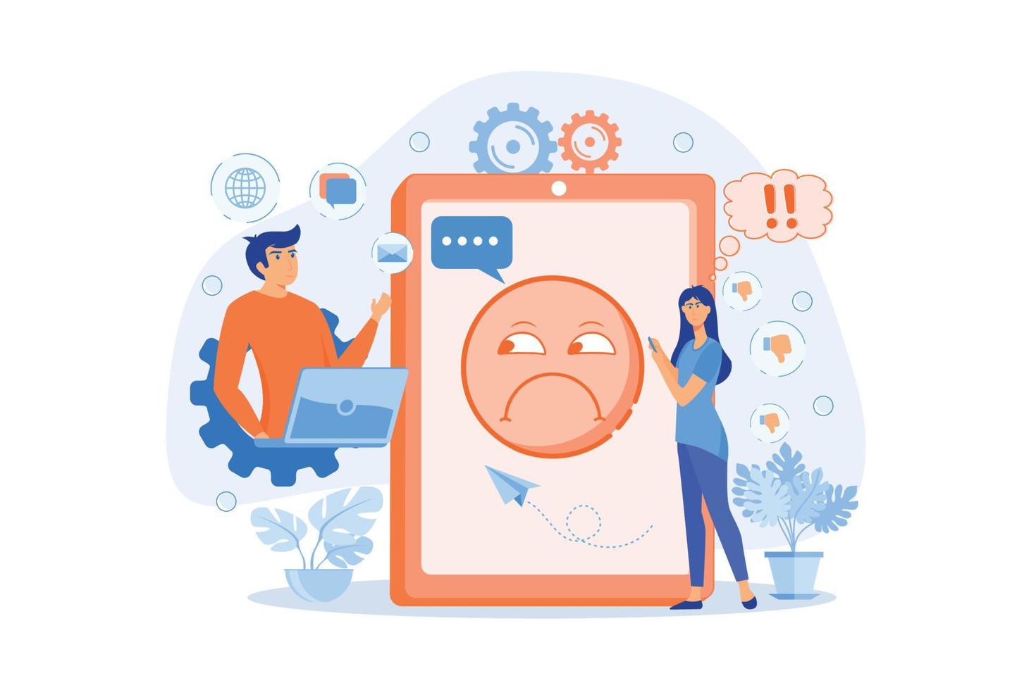 Internet troll quarreling and upsetting user online and tablet with troll face. Internet trolling, digital harassment, internet behaviour concept. flat vector modern illustration