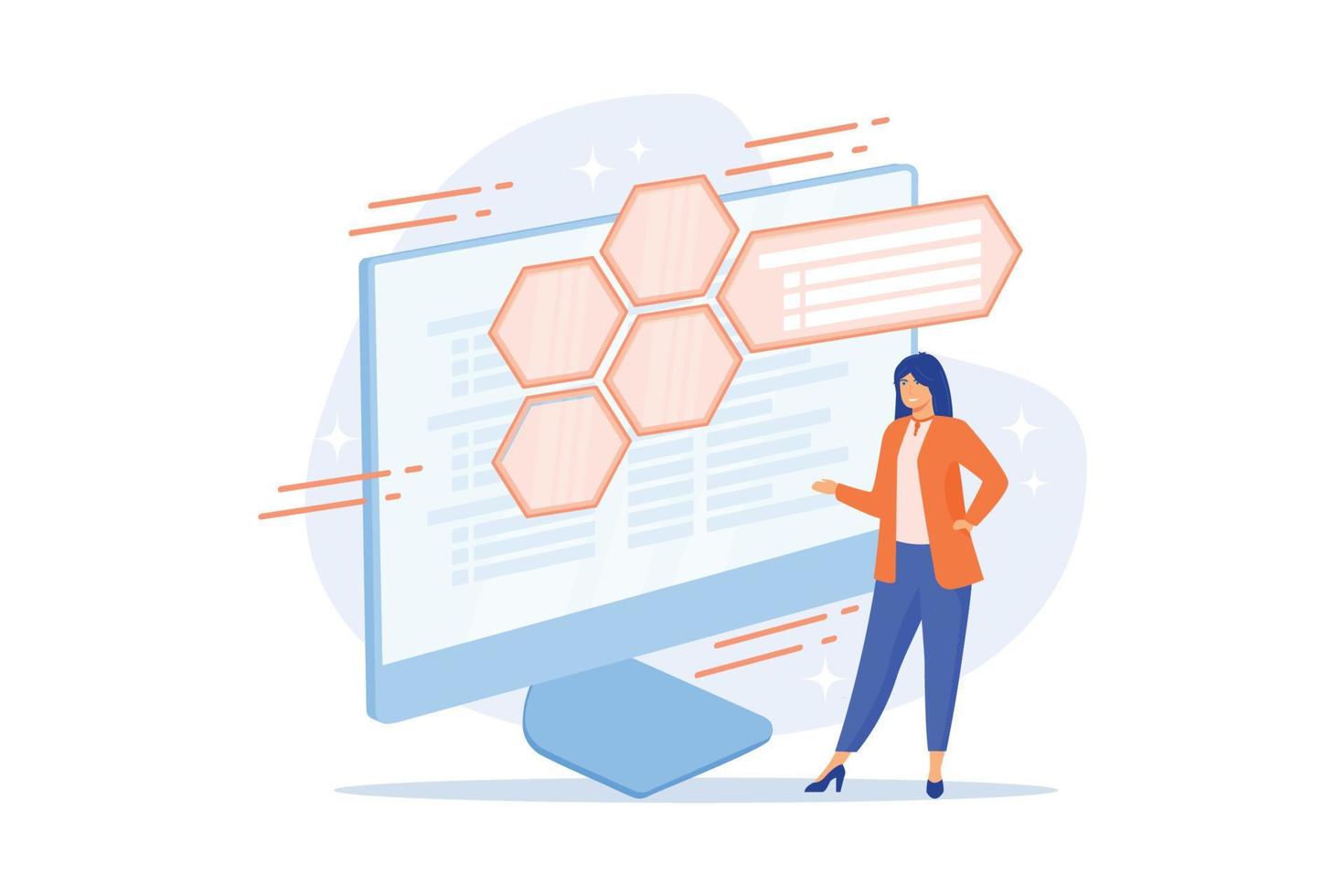 Web development and coding. IT, website optimization, computer software testing. Programmer and developer working female flat character.  flat vector illustration