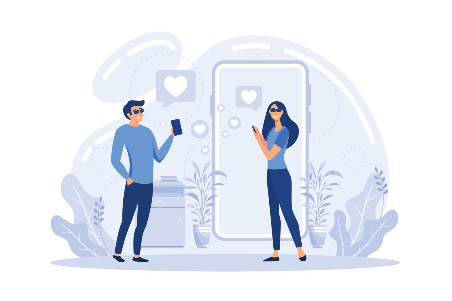 Man and woman using online dating app on smartphone and meeting at table,  tiny people. Blind date, speed dating, online dating service concept. flat  vector modern illustration 11431005 Vector Art at Vecteezy