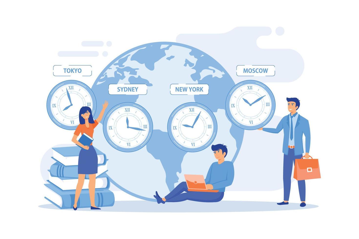 negocios en todo el mundo, sucursales de empresas internacionales. relojes que muestran la zona horaria local. zonas horarias, hora internacional, concepto de hora comercial mundial. vector