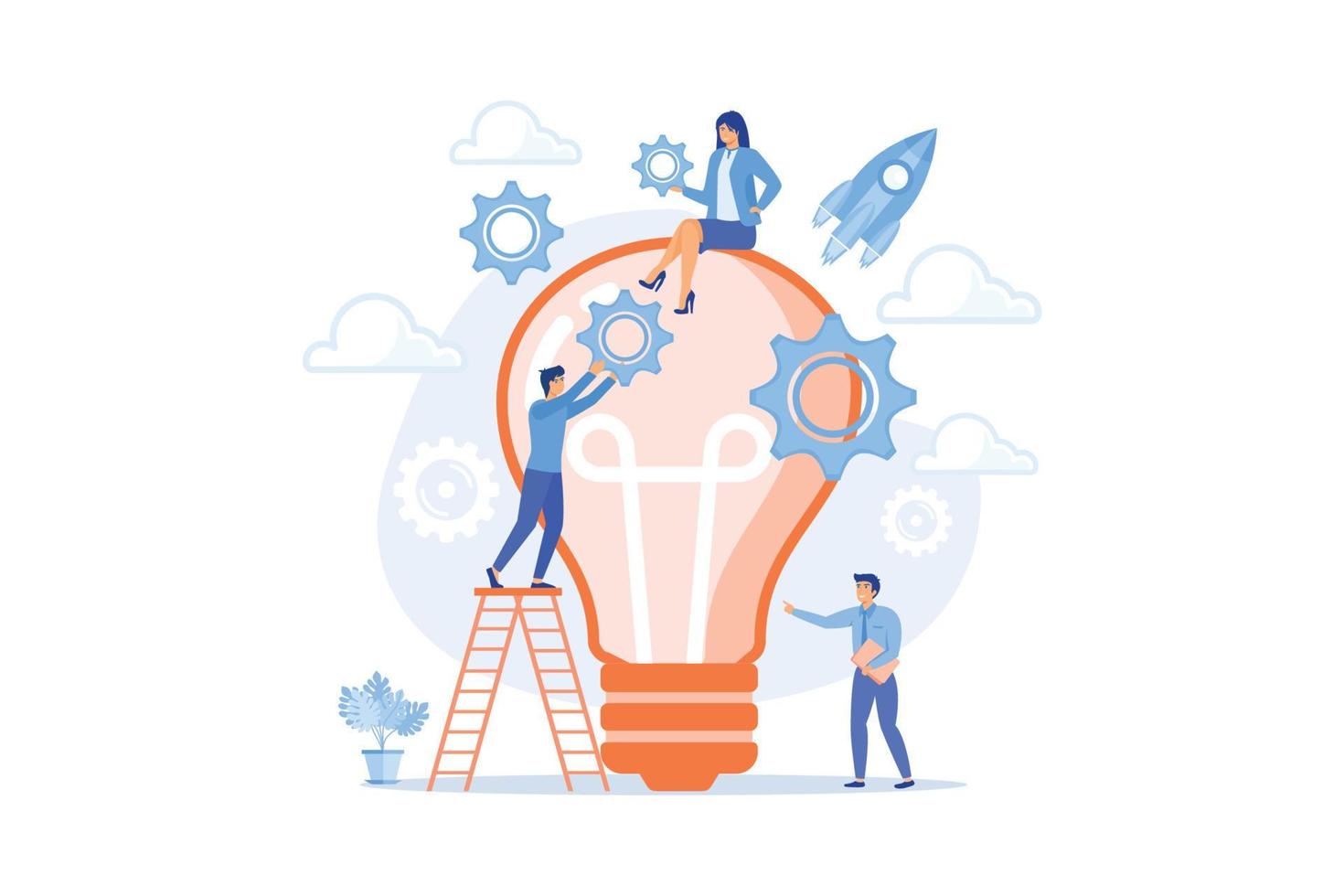 Tiny business people generating ideas and holding gears at big light bulb. Idea management, alternative thinking, best solution choice concept. vector