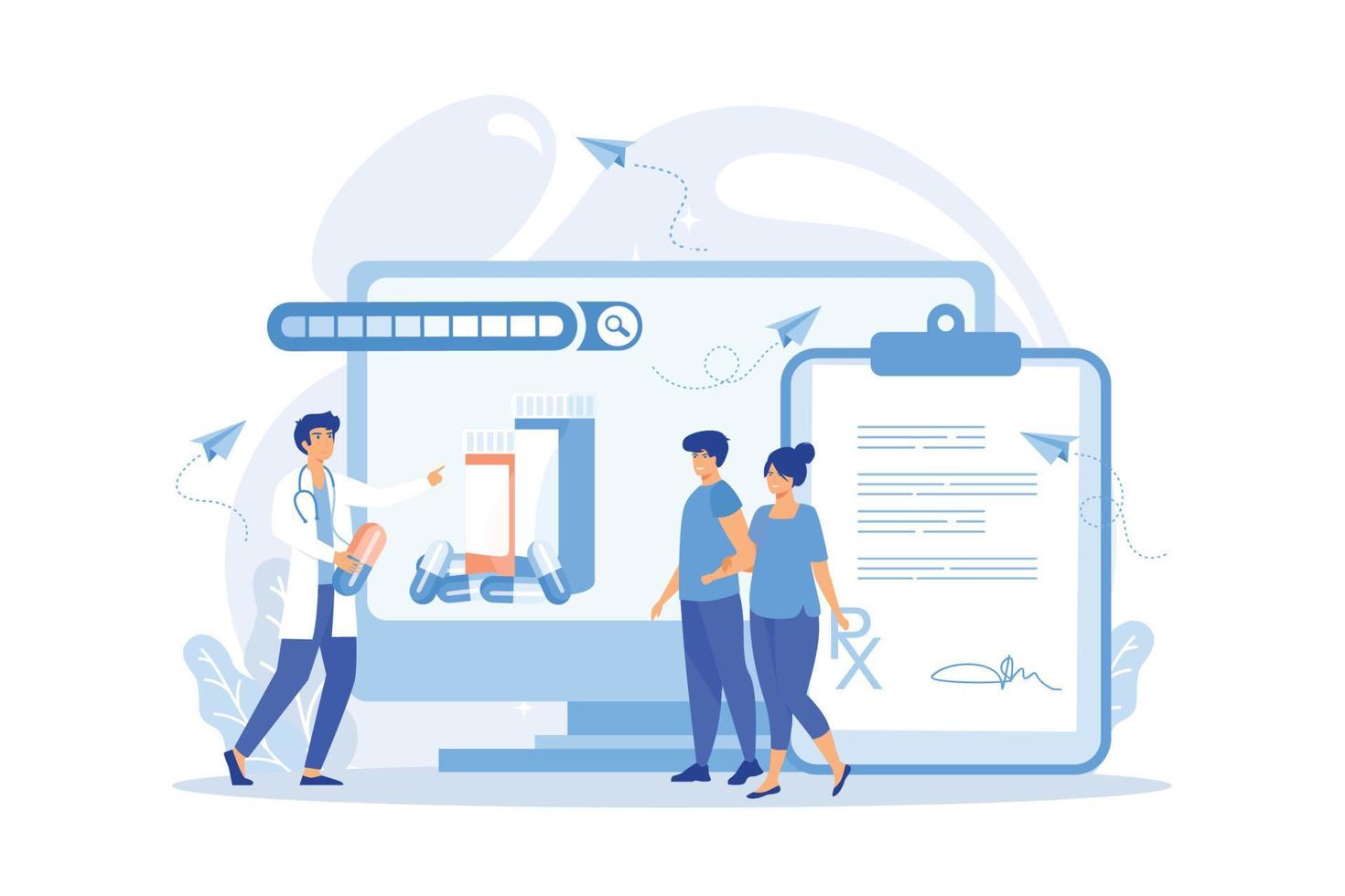 Tiny people, doctor prescribing medicine to patients online. Online prescription system, prescription management system, online pharmacy concept. vector