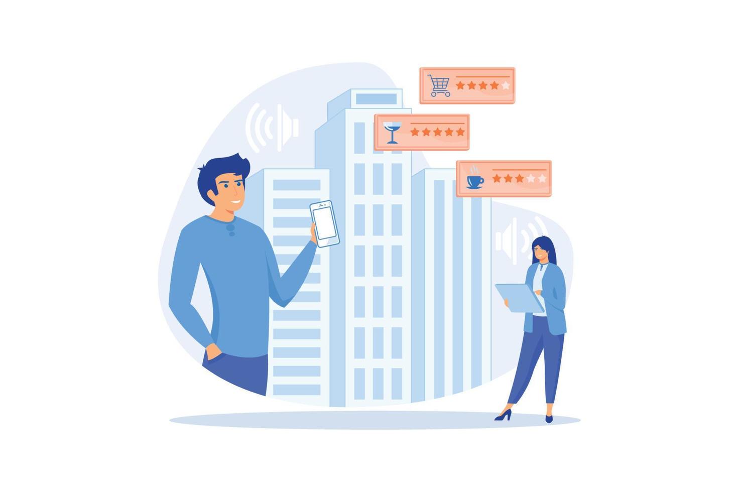 People checking cafe, bar and retail shop rates and ranks with smartphones. Intelligent service systems, smart navigation, IoT and smart city concept. flat vector modern illustration