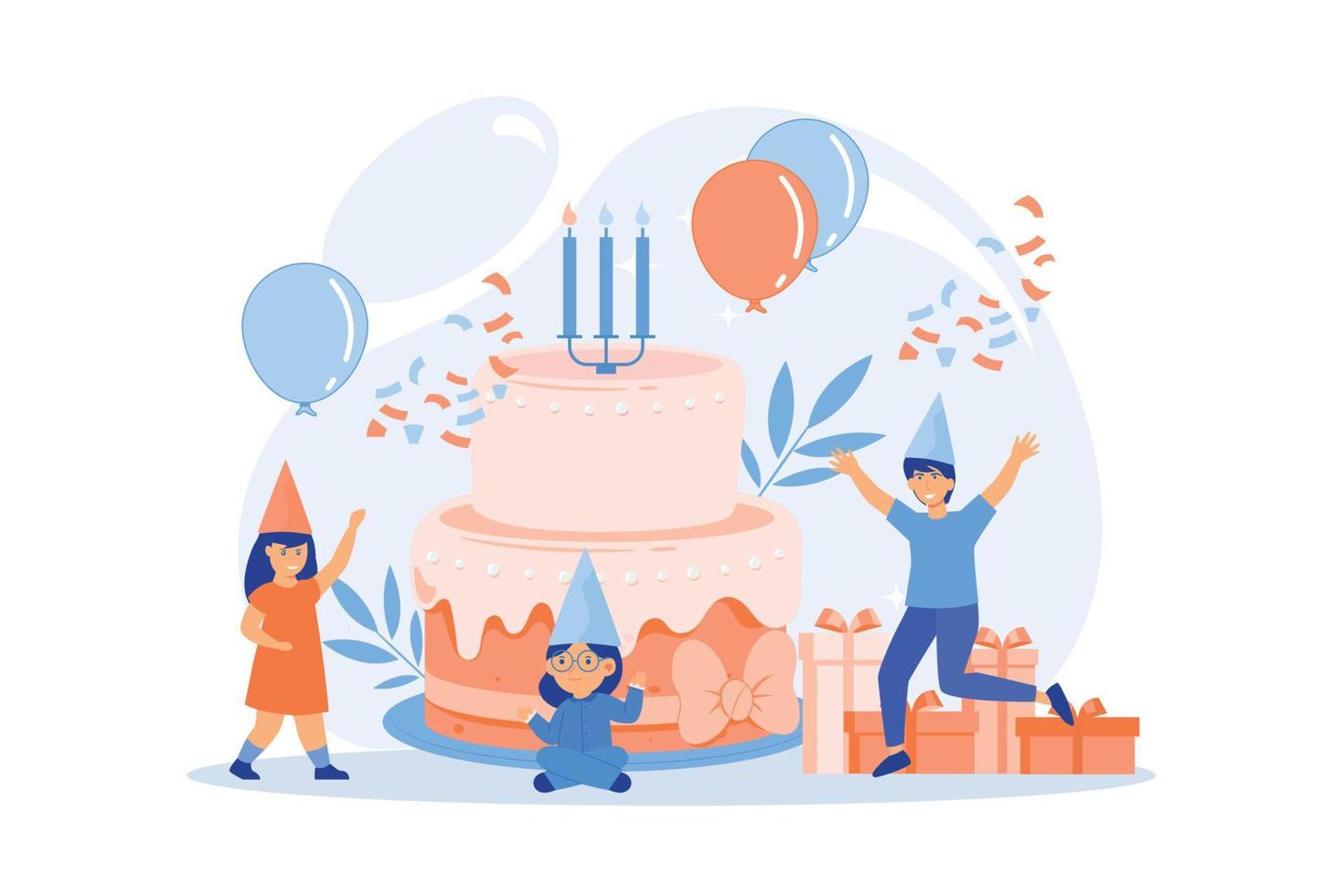 Happy kids at huge cake with candles and gift boxes celebrating birthday party. Kids birthday party, kids party ideas, indoor party spot concept. flat vector modern illustration