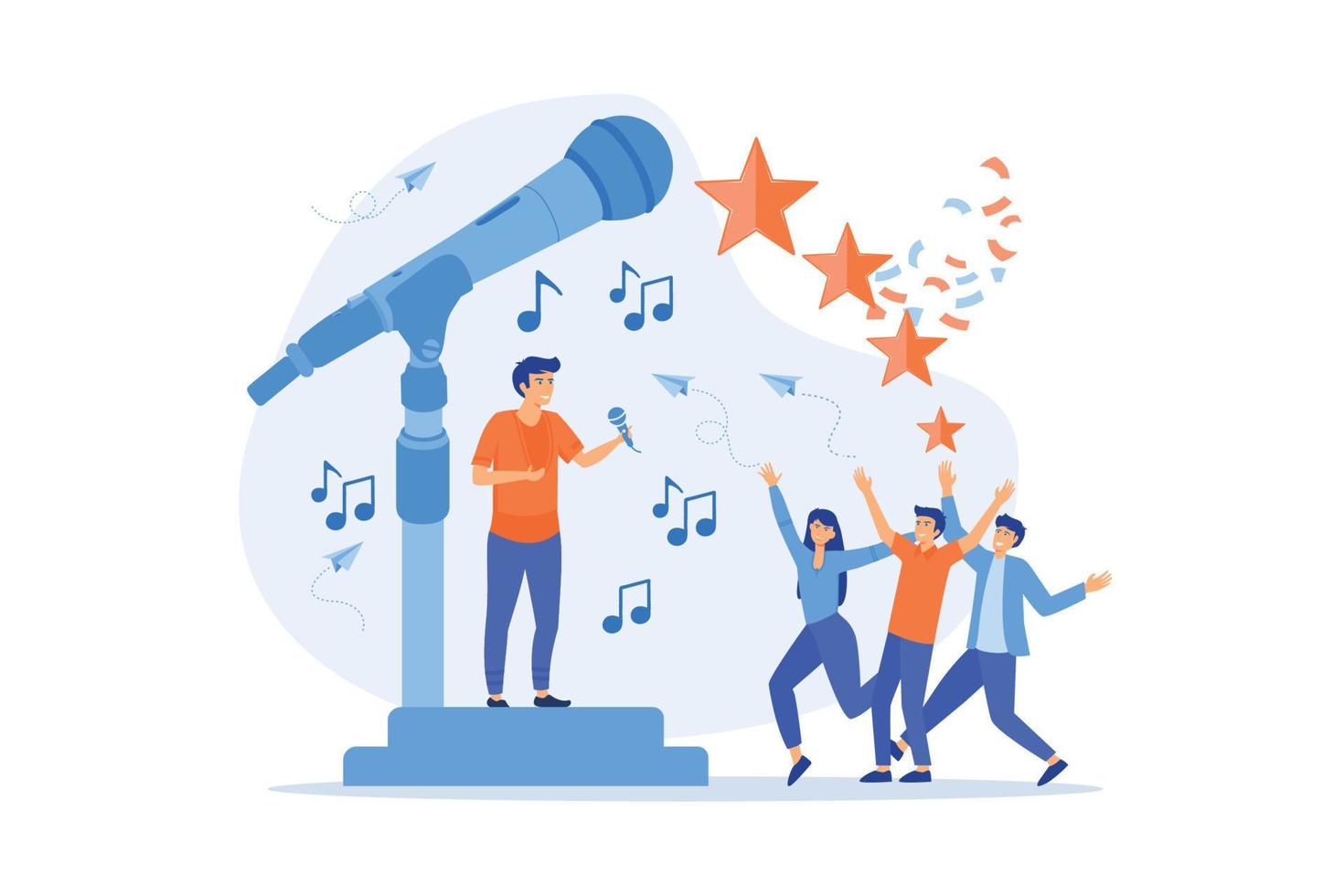 Ilustración de vector plano de fiesta de karaoke corporativo. entretenimiento musical, recreación activa, compañeros de trabajo cantando y bailando. ilustración moderna de vector plano
