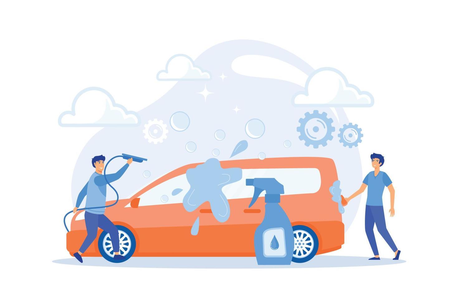 asistentes de lavado de autos que limpian el exterior del vehículo con equipo especial. servicio de lavado de autos, lavado automático de autos, concepto de autoservicio de lavado de autos. ilustración moderna de vector plano