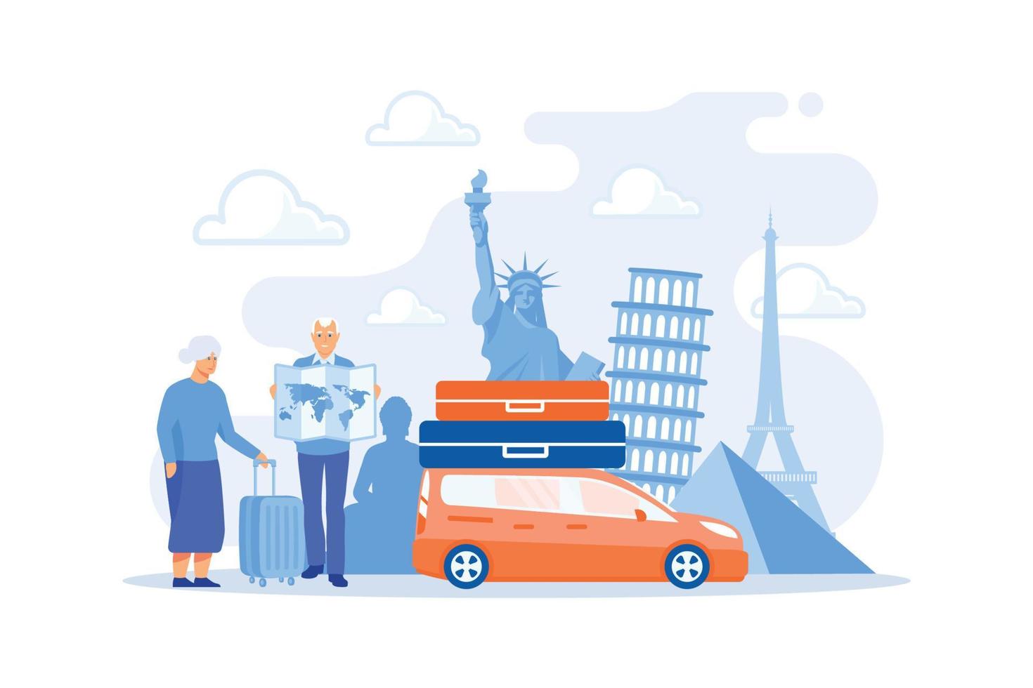 Senior couple abroad road trip. Elderly people on around world sightseeing tour. Retirement travel, traveling on pension, slow travel method concept.flat vector modern illustration