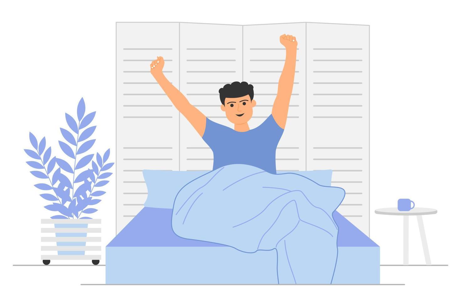 joven feliz despierta por la mañana vector