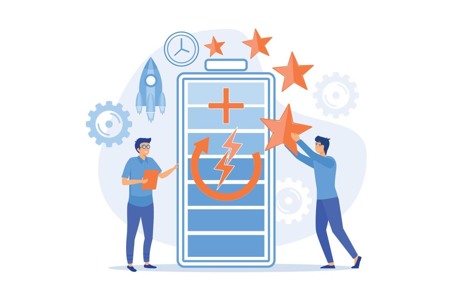 Engineers with battery charging, clock and stars with rocket. Fast charging technology, fast-charge batteries, new battery engineering concept. flat vector modern illustration