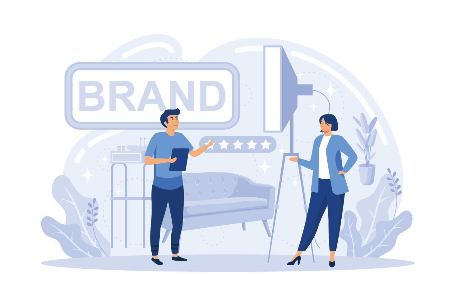 conjunto de conceptos de creación de marca. especialistas en marketing diseñan una presentación única de la empresa y una identidad creativa. reconocimiento de marca como parte de la estrategia de marketing. vector