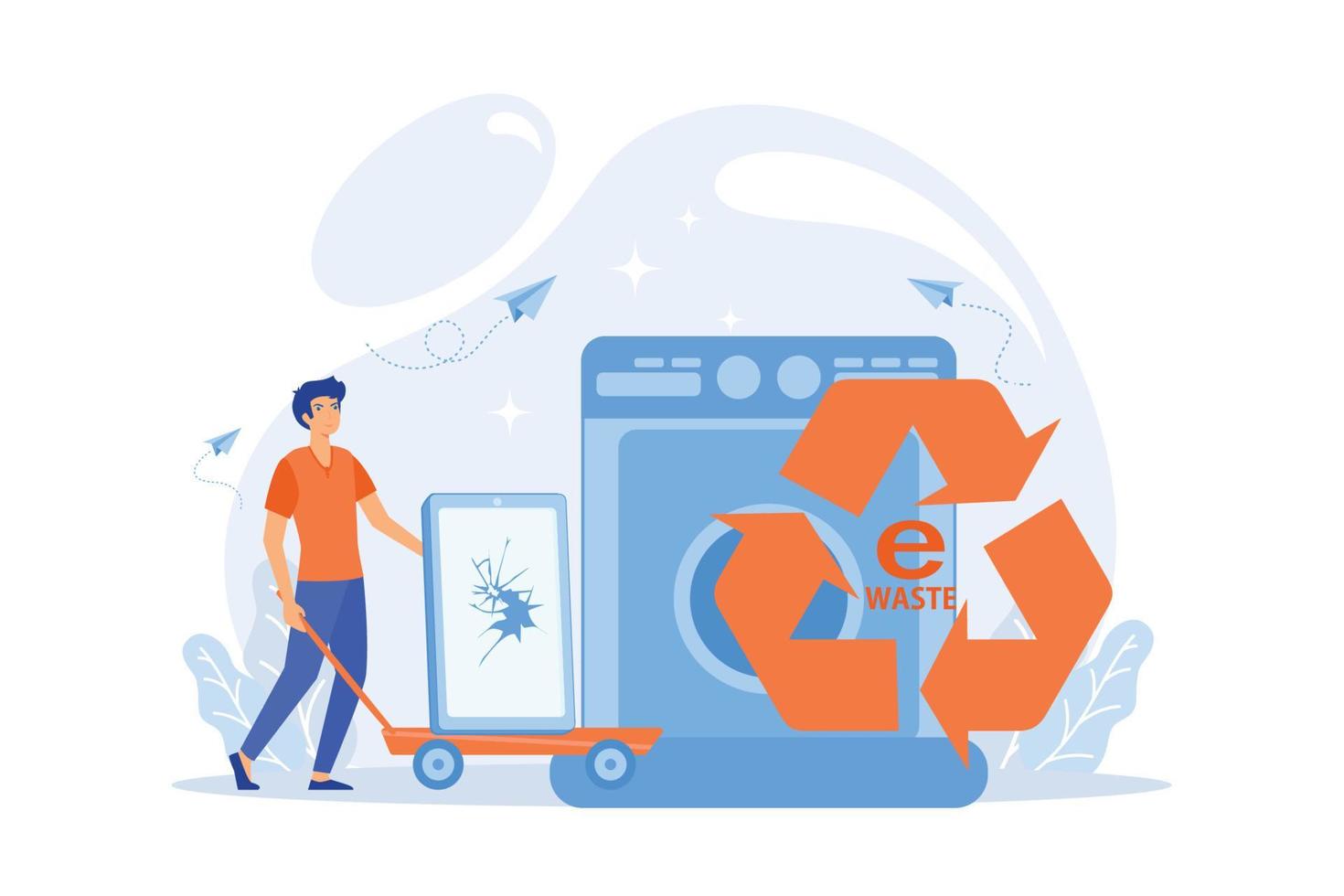 Businessman taking old smartphone in cart to electronic waste recycling. E-waste reduction, electronics trade-in programs, gadgets recycling concept.flat vector modern illustration