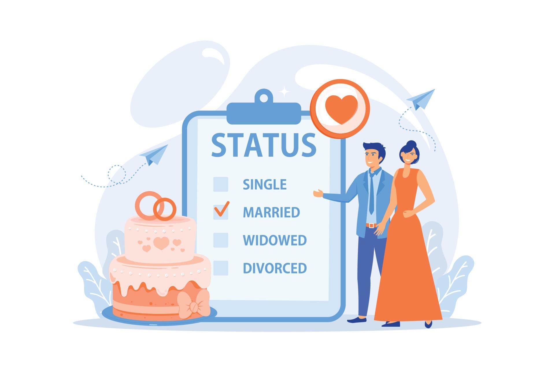 Married couple and marital status on clipboard, tiny people