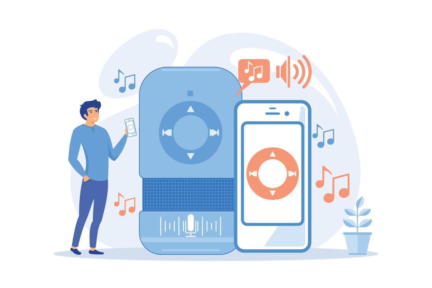 usuario reproduciendo música en altavoz inteligente y teléfono móvil. reproducción y transmisión de música, asistentes digitales activados por voz para el concepto de aplicaciones móviles. ilustración moderna de vector plano