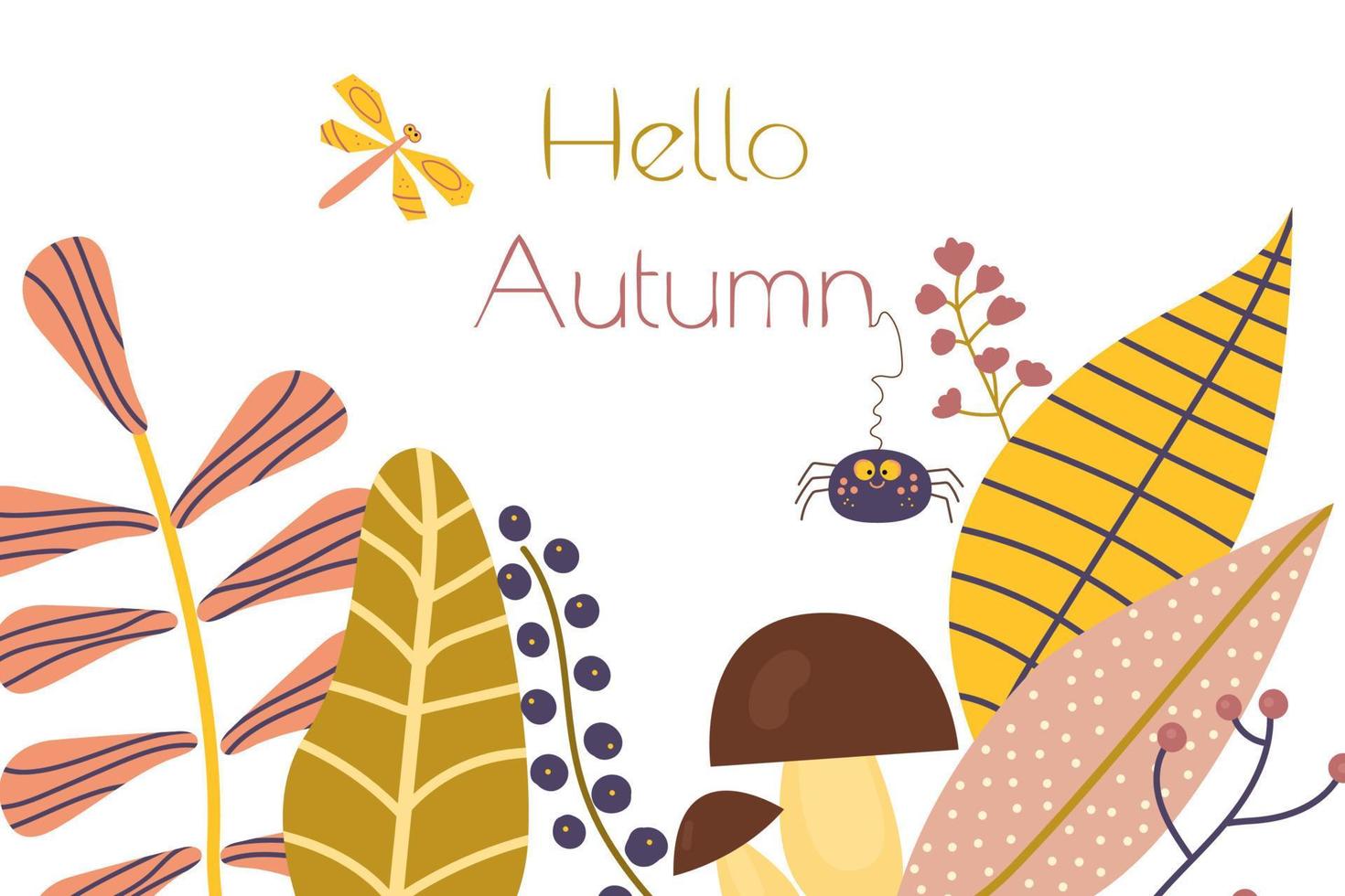 Cute fall background with insects, plants, berries and mushrooms. Hello Autumn. Cartoon vector illustration isolated on white background