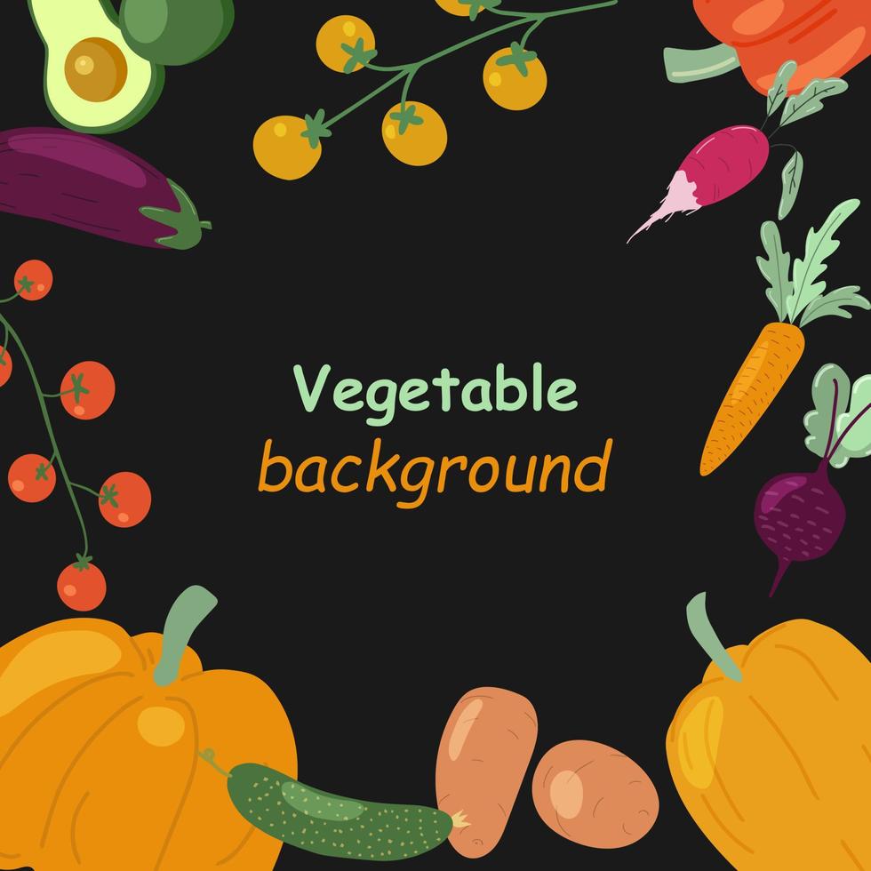 Juicy fresh vegetables background with round border. Organic card with ripe raw veggies. Healthy farm product concept. Flat hand drawn vector illustration isolated on black background