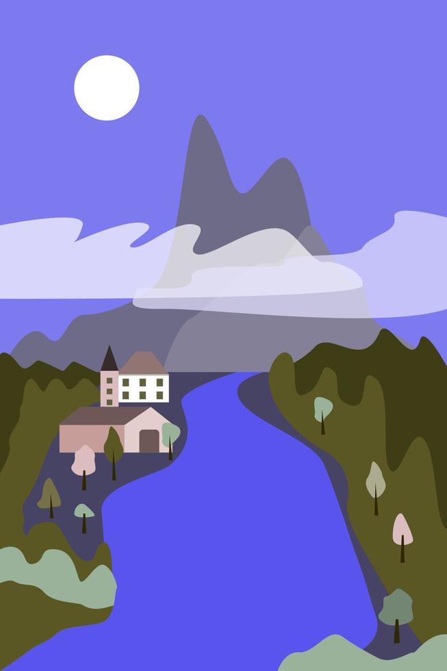 montañas minimalistas y paisaje de pueblo por la noche. hermoso escenario de la naturaleza y casas antiguas cerca del río. ilustración de vector plano para tarjetas de diseño, impresión de camiseta