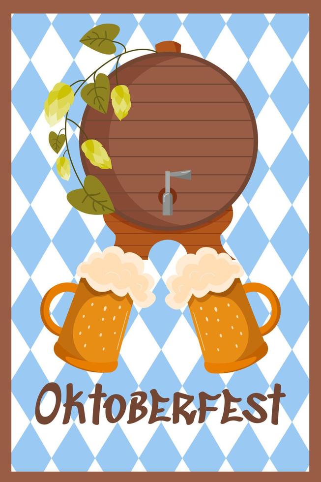 Oktoberfest festive banner background. Germany event beer festival. Design elements woden barrel and mugs with drinks. Invitation card template or poster. Flat Vector illustration