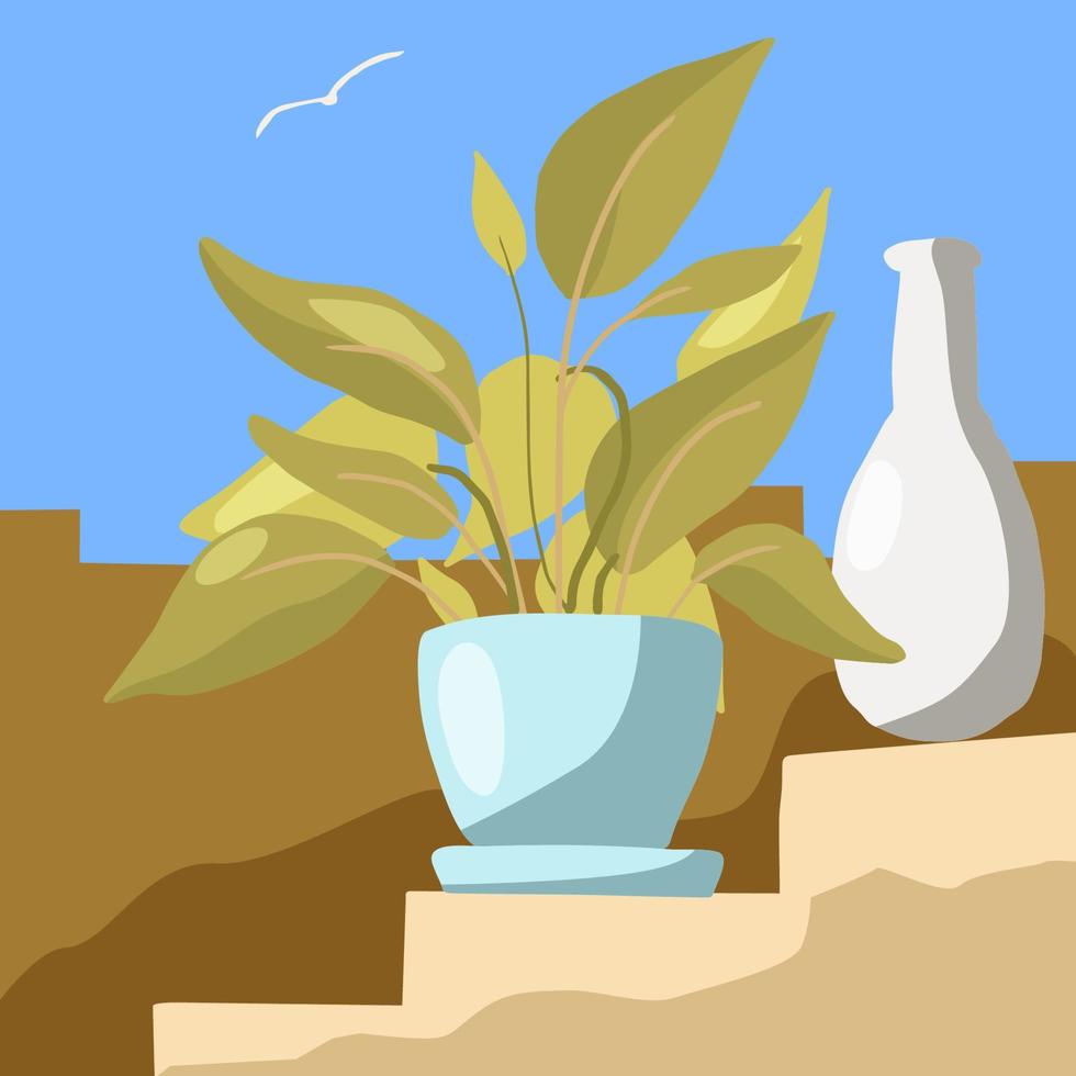 planta en maceta y jarrón blanco en una escalera antigua. ilustración vectorial en un estilo minimalista. día soleado de verano. arte dibujado a mano para tarjetas de verano, carteles, etc. vector