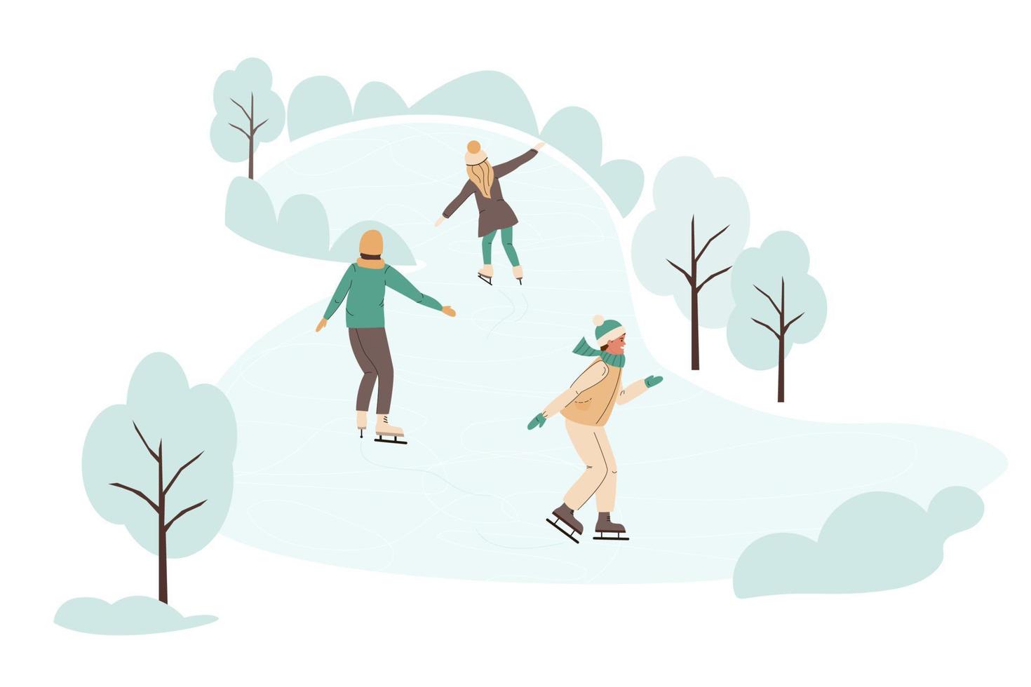 gente patinando en la pista de hielo al aire libre. niños alegres se deslizan por el lago helado. ocio de invierno para niños. ilustración vectorial plana aislada sobre fondo blanco vector