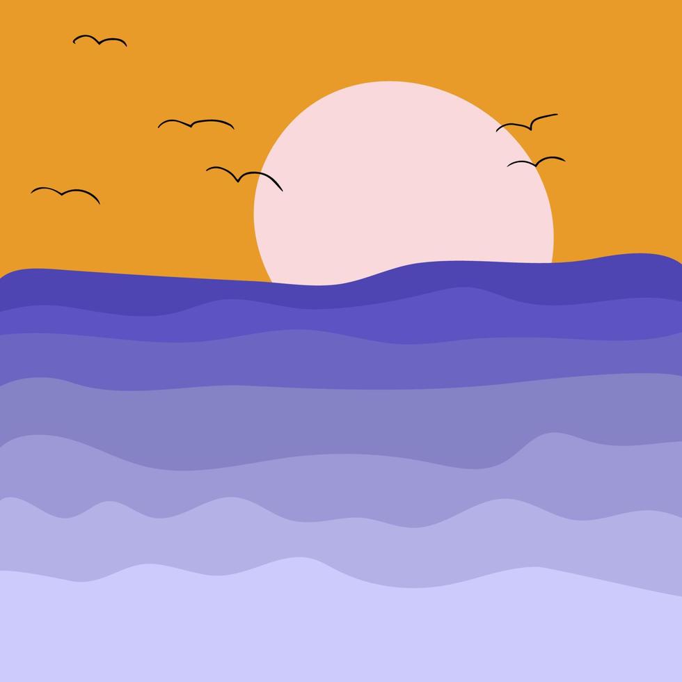 Abstract minimalistic seascape at sunset. Modern summer print for postcards, t-shirt designs, wall posters, etc. Vector hand drawn illustration
