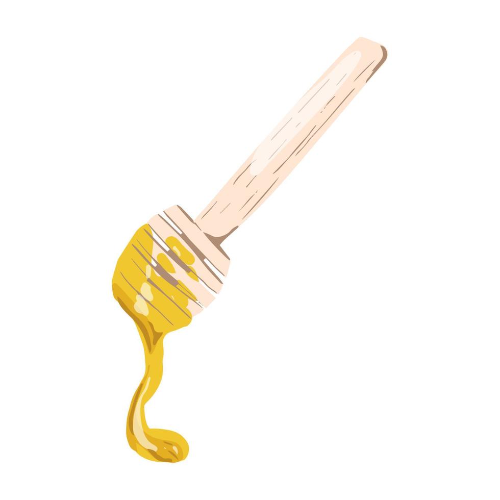 Honey Dipper with flowing honey. Wooden traditional spoon for honey. Vector hand drawn illustration