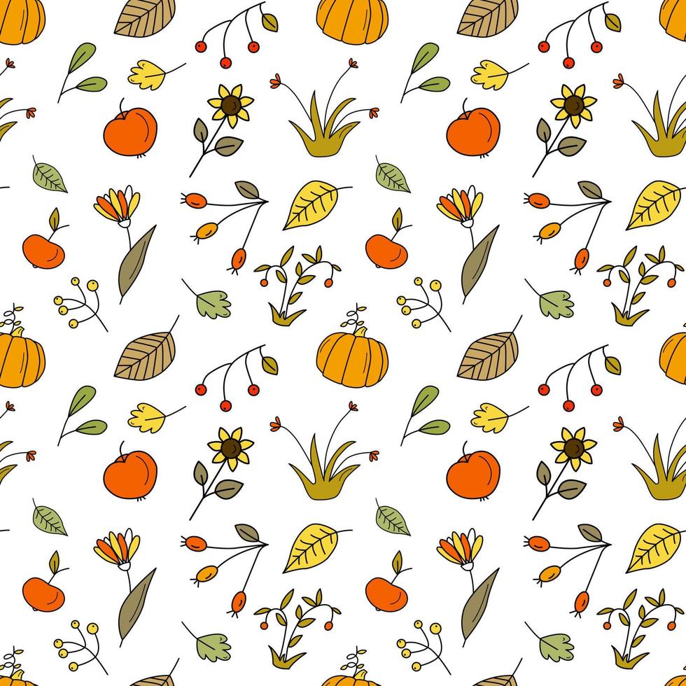 Seamless pattern with autumn apples, pumpkins and different berries in doodle hand drawn style. Vector endless texture for fabric, cloth, backdrop on white background