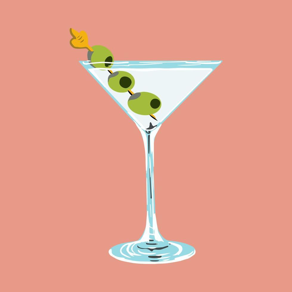 vaso de martini con aceitunas verdes en brocheta. ilustración de dibujado a mano de dibujos animados de vector