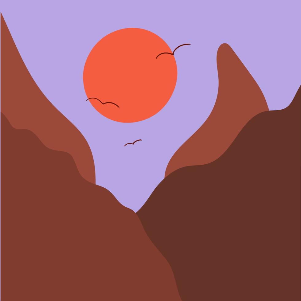 Minimalist mountain landscape and sunset. Abstract scandinavian design, vector flat illustration