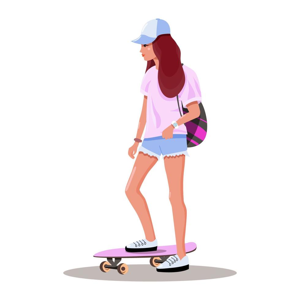 una adolescente con gorra monta una patineta. Estilo de vida activo. tiempo de deportes juveniles. concepto de ocio activo de verano. ilustración vectorial plana de dibujos animados vector