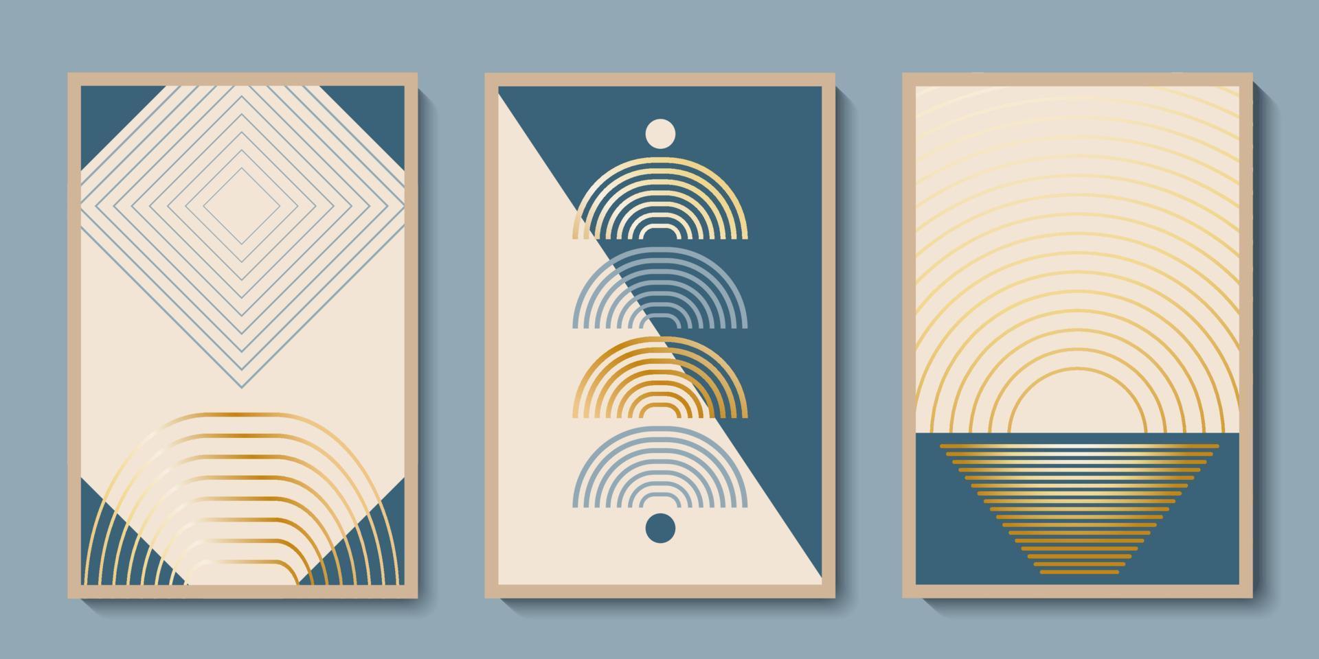 Abstract organic backgrounds collection. Modern golden mid century set for art gallery flyers, invitations, posters. Minimalist boho geometric line shapes vector illustrations