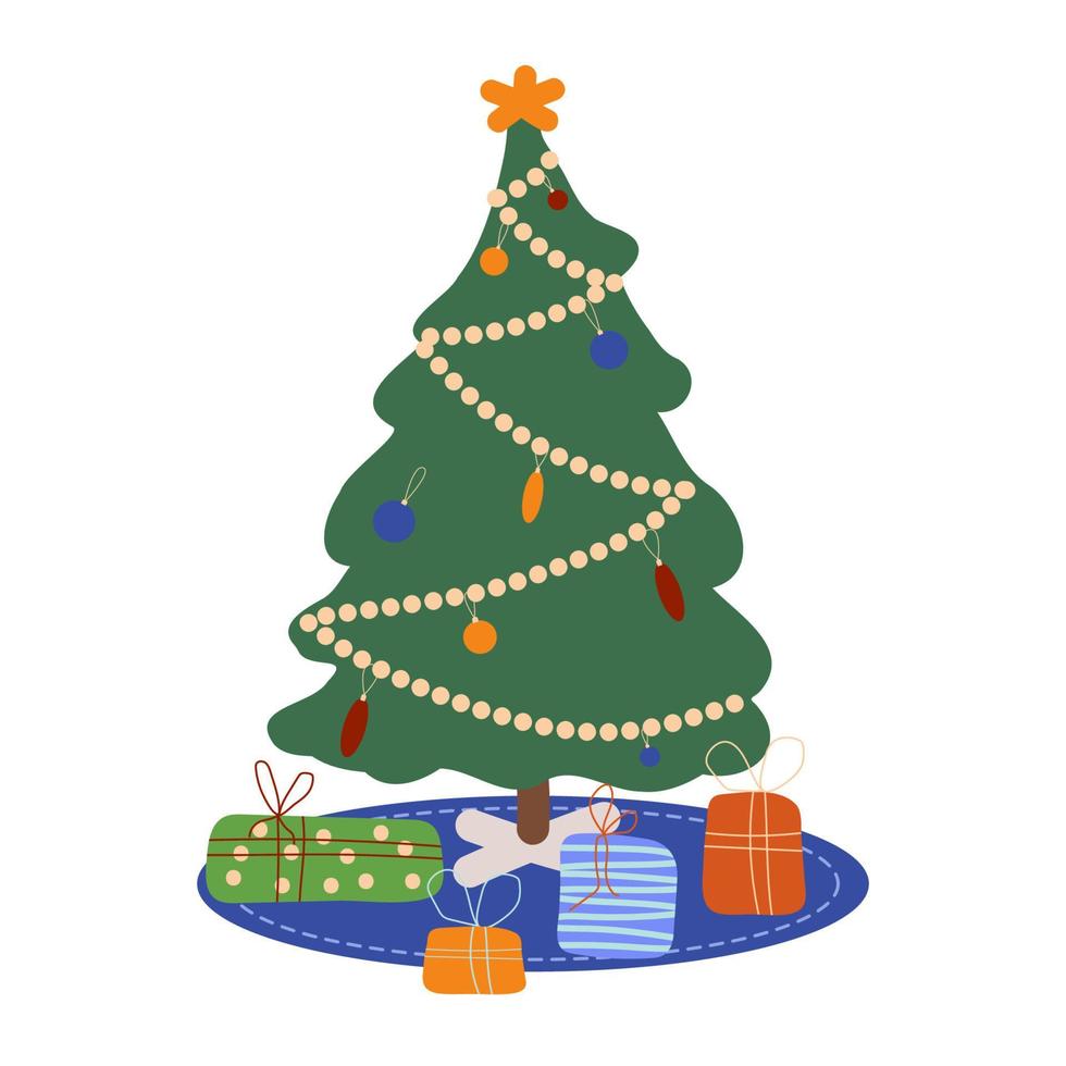 Christmas tree decorated with festive balls, star and garland. Wrapped boxes with gifts stand under an ornate fir tree. Cartoon flat vector illustration isolated on white background.