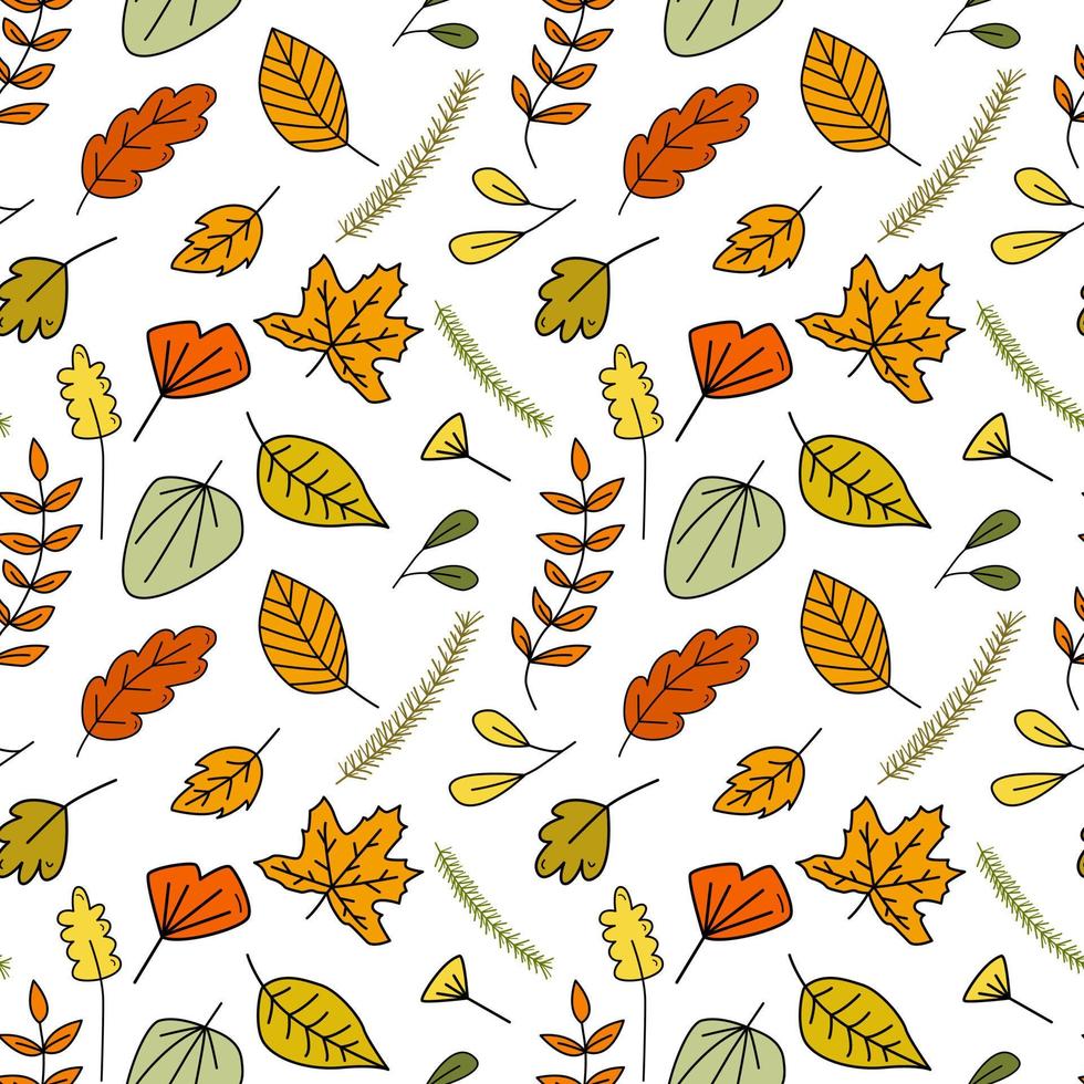 Seamless doodle pattern with forest autumn colorful leaves and spruce branches. Hand drawn vector illustration for fabric, textile, backgrounds, gift wrapping paper etc