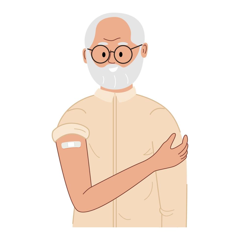 Happy elderly man with beard and glasees showing injection bandage after coronavirus vaccination. Smiling senior man after safety vaccine. Cartoon flat vector illustration