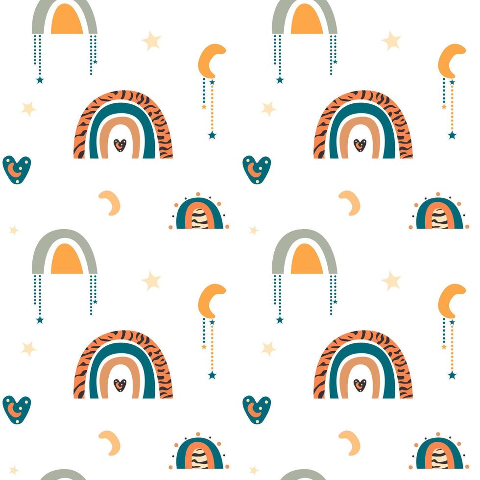 Childish seamless pattern with cute striped tiger print. Cute repeat texture perfect for nursery wallpaper, wrapping paper, baby textiles. Vector background in scandinavian style