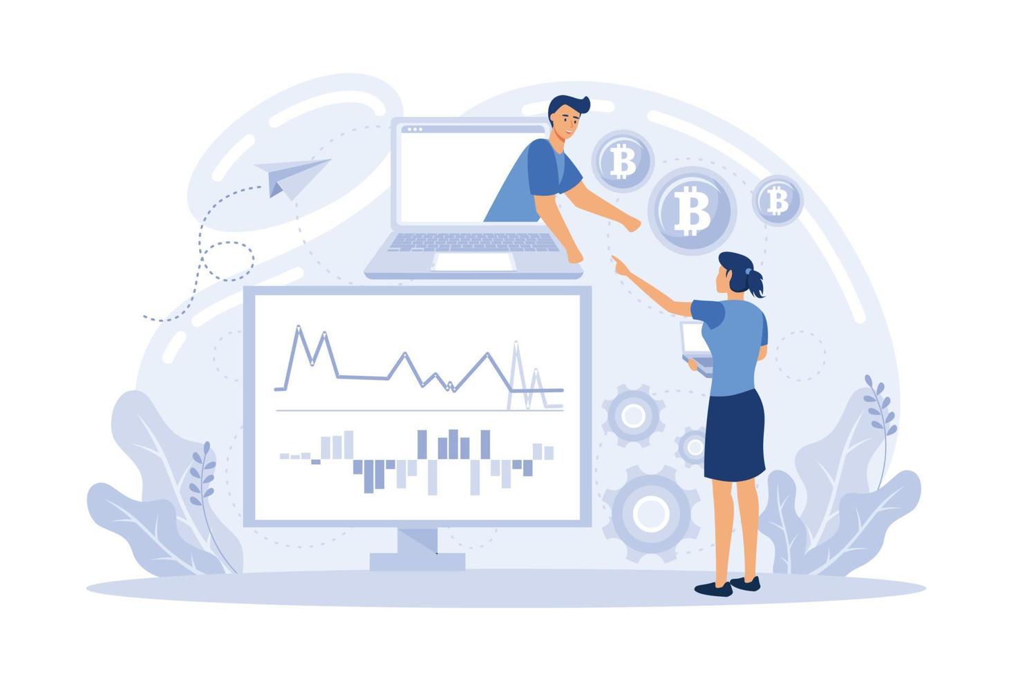 Bitcoin concept vector illustration of young people using laptop and smartphone for online funding and making investments for bitcoin and blockchain.  flat vector modern illustration