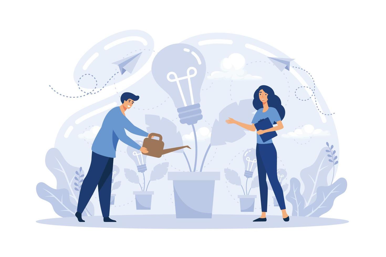 Work with business plan creation. Teamwork with idea of new project, planning startup. Business solution and financial investment concept flat vector modern illustration