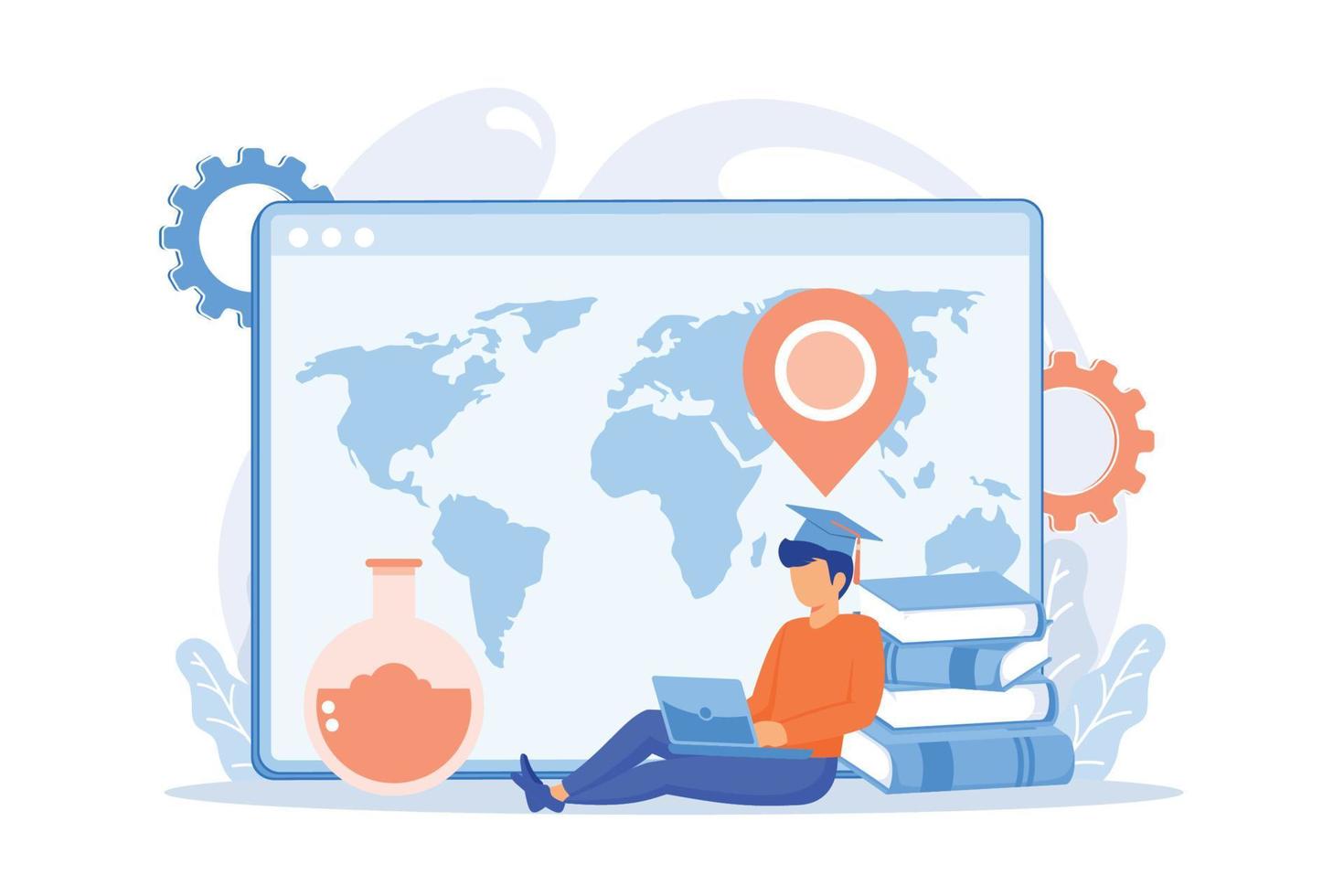 Distance university courses. Academic degree, self education, Internet classes. School online lessons, e learning. College student cartoon character. vector