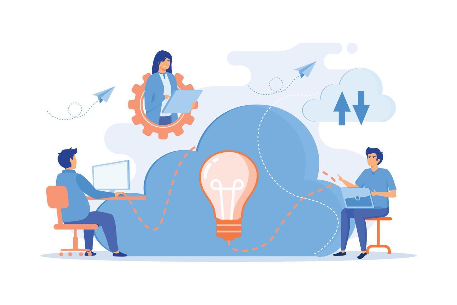 Coworking team of users connected by cloud computing and light bulb. Online collaboration, remote business management, wireless computing service concept. vector