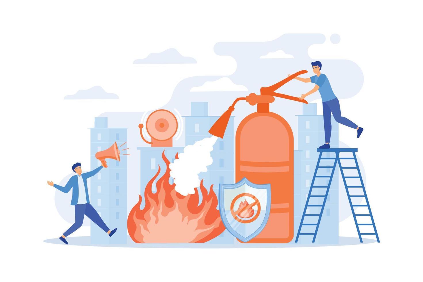 Firefighter extinguishing flame character. Rescuer dangerous job. Fire protection, fire prevention technologies, fire protection services concept. flat vector modern illustration