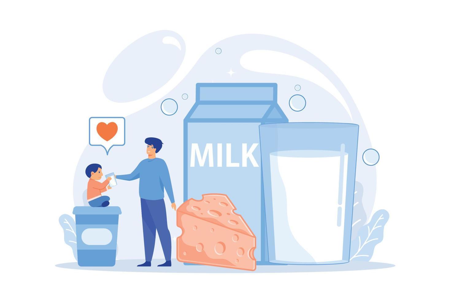 productos lácteos, queso, yogur y al niño le gusta beber leche, gente pequeña. productos lácteos, nutrición a base de leche, concepto de producción de productos lácteos. ilustración moderna de vector plano