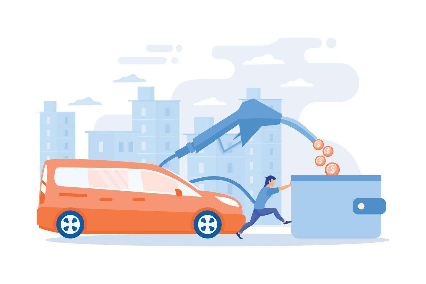 People loosing money by using gas fuel cars. Gas mileage, fuel saving and efficient green eco friendly engine technology concept.  flat vector modern illustration