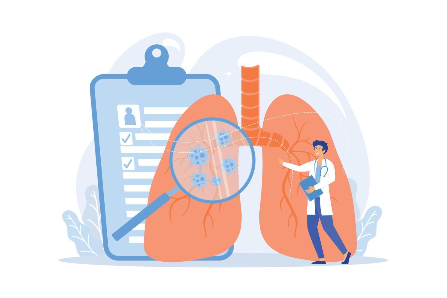 Huge magnifier showing cancer in the lungs and doctor with document folder. Lung cancer, trachea and bronchus concept on white background.flat vector modern illustration