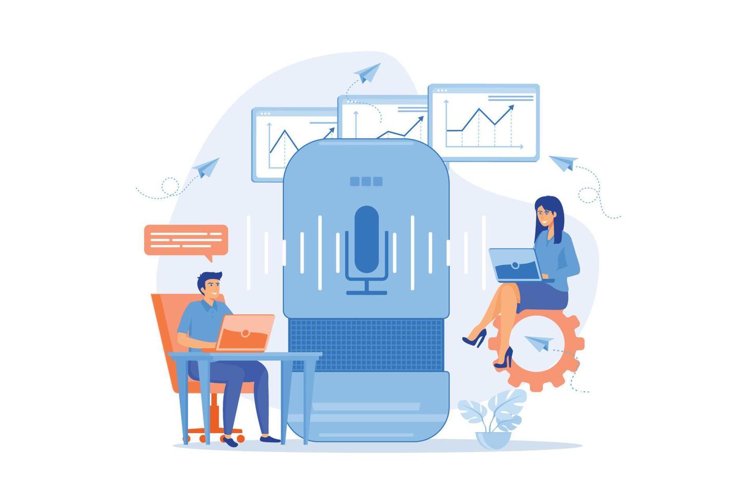 altavoz inteligente utilizado por trabajadores de oficina. controlador de oficina inteligente y comandos de voz, dispositivos digitales de oficina controlados por voz y concepto de internet de las cosas. ilustración moderna de vector plano