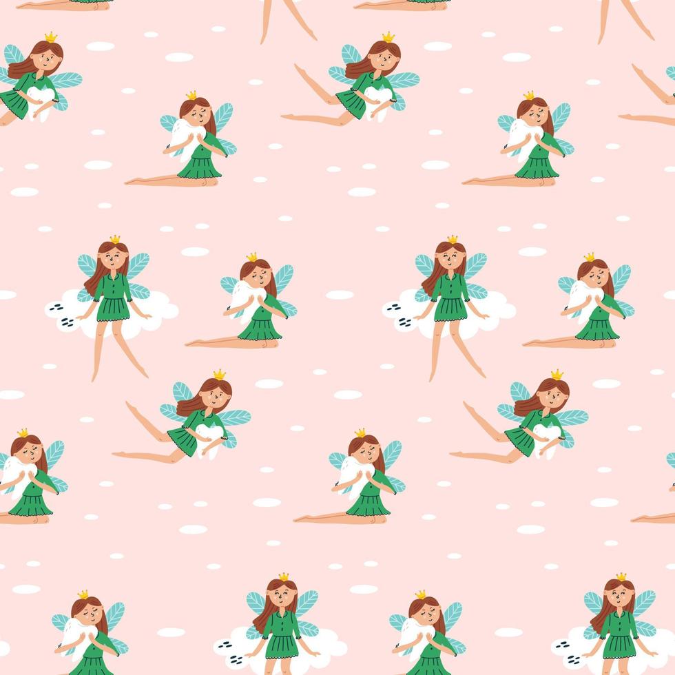 Pattern character flying fairy with a tooth sitting on a cloud vector