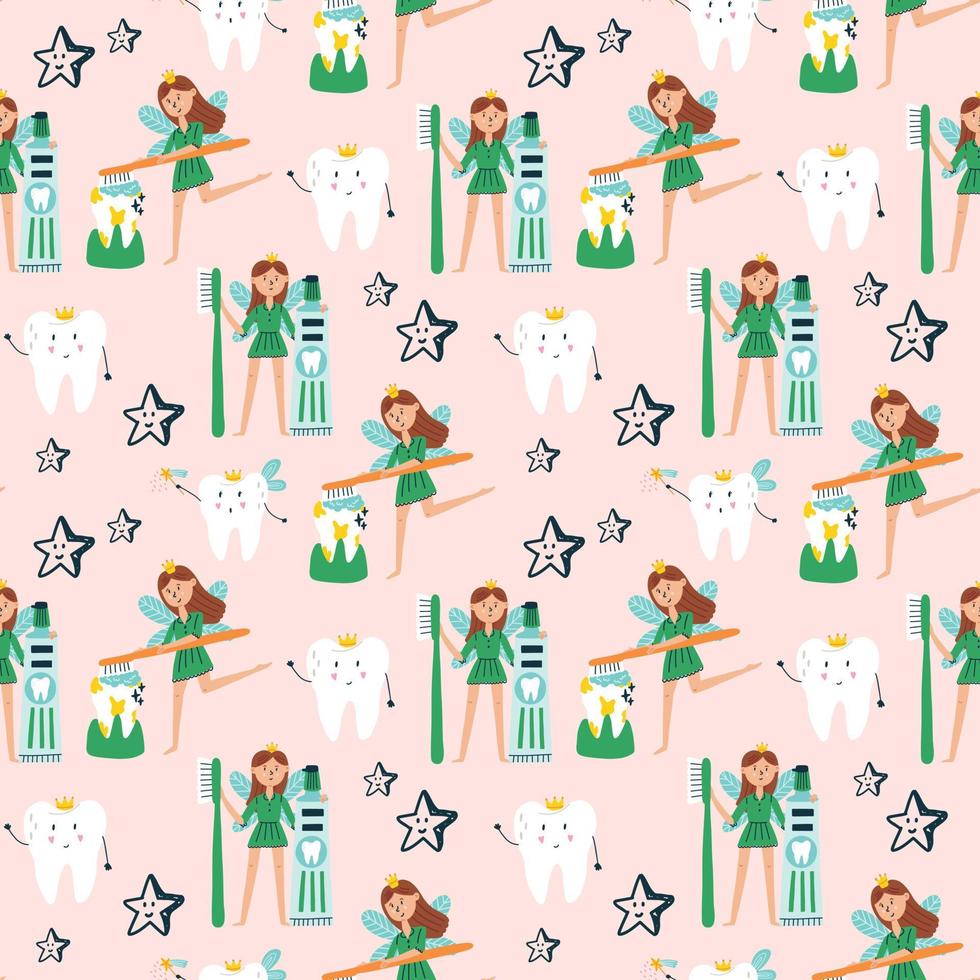 Pattern tooth fairy character and tooth with crown vector