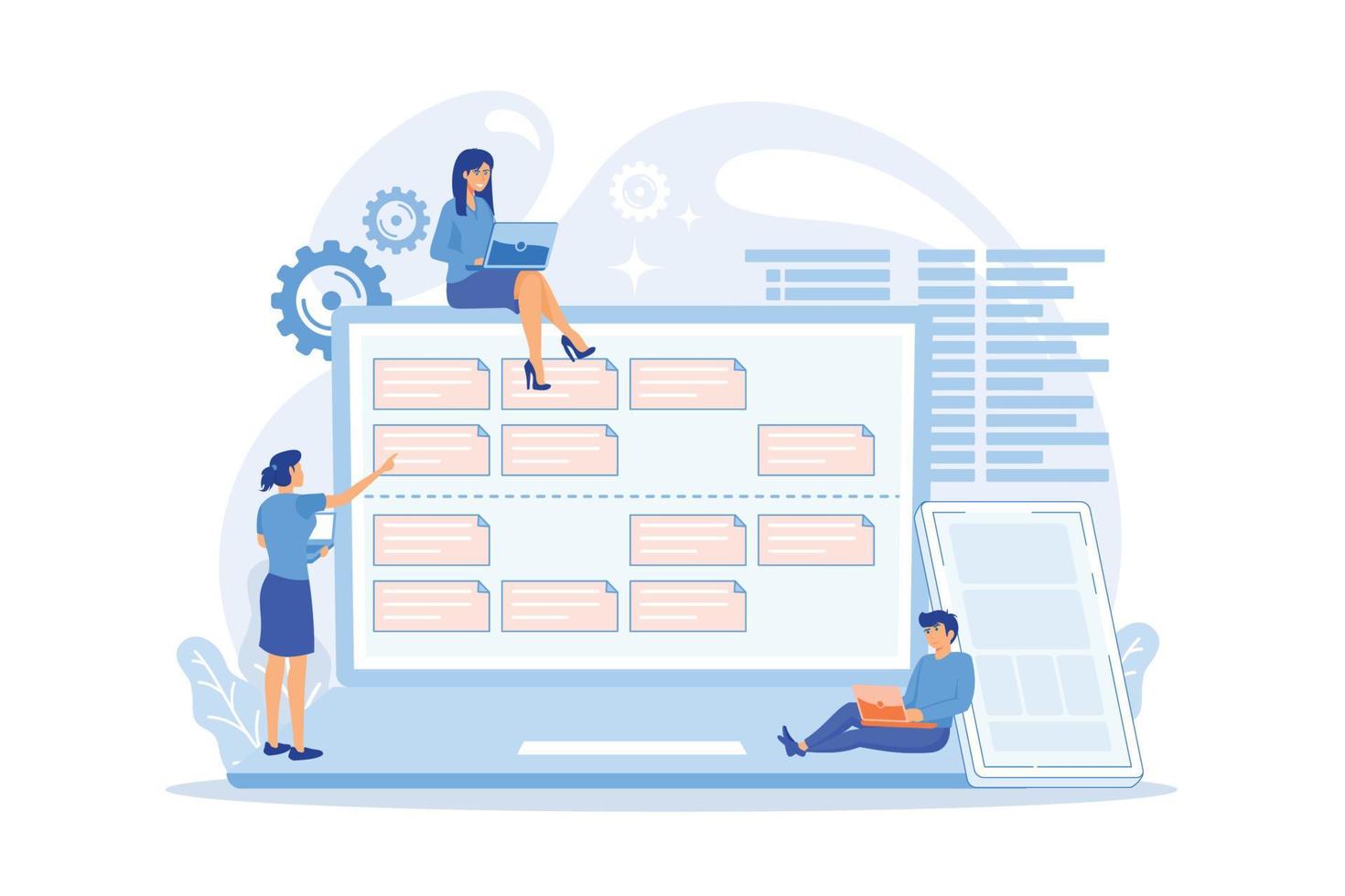 desarrolladores de personas diminutas en requisitos de portátiles y clientes. descripción de requisitos de software, herramienta ágil de caso de usuario, concepto de análisis empresarial. vector