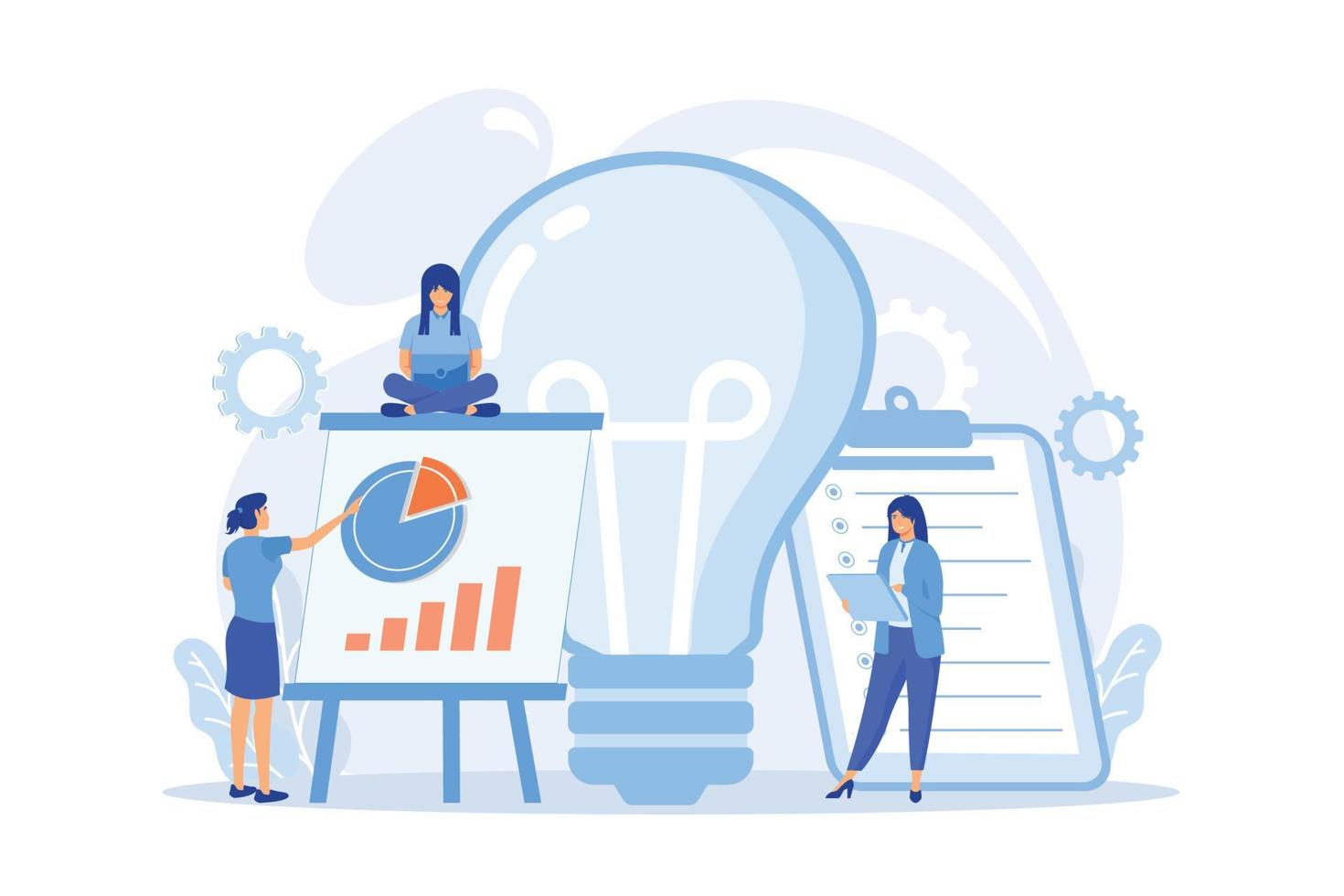 Business people analyzing and lightbulb. Competitive intelligence and environment, information and marketplace analysis concept on white background. vector