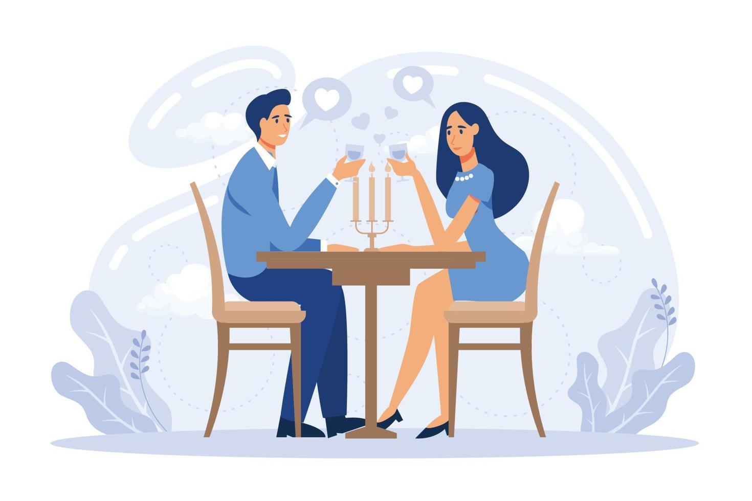 Hangouts Friends meeting, romantic blind date, leisure time, soul mate, romantic relationship, love story, Valentine day, restaurant  flat vector modern illustration
